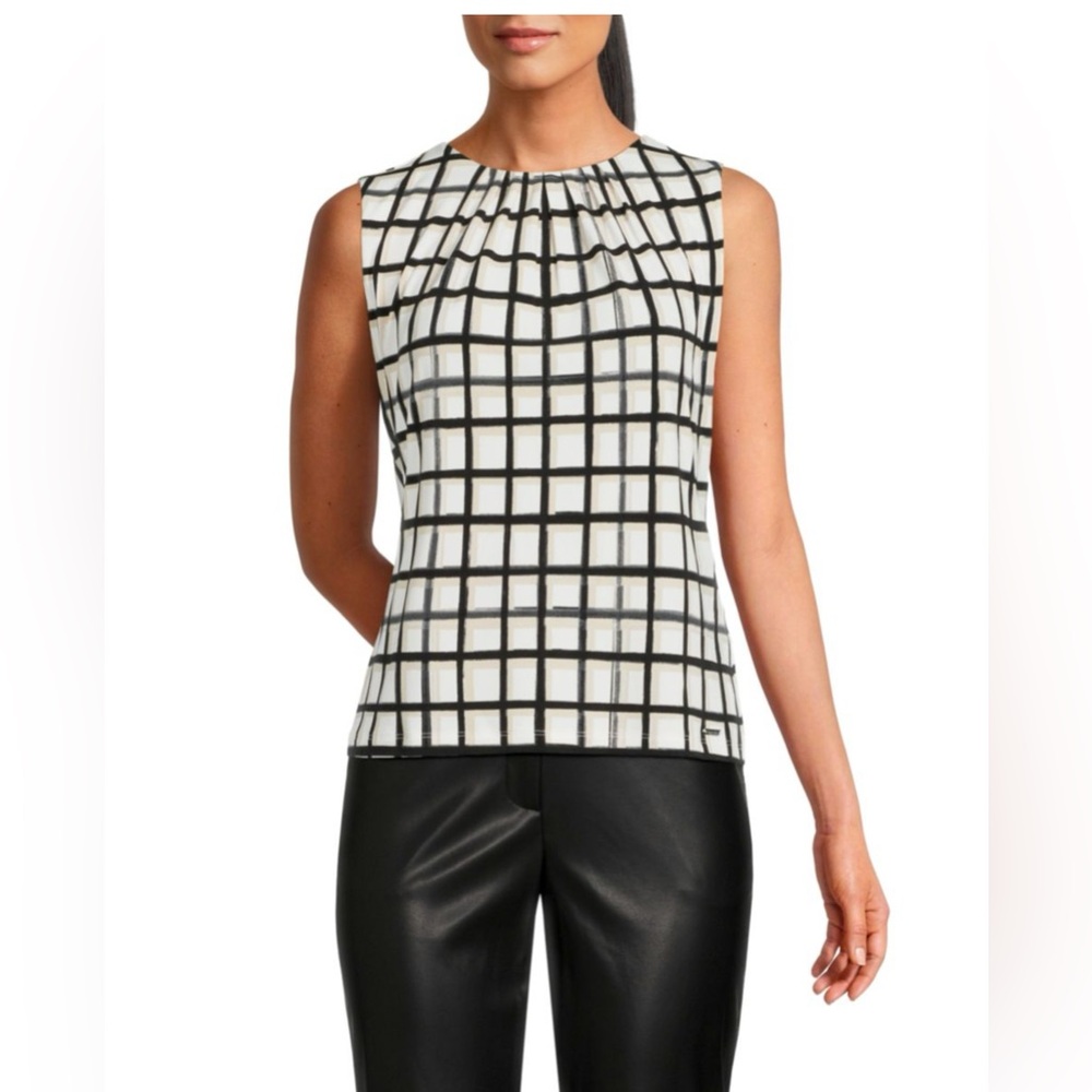 Calvin Klein Black and White Sleeveless Checkered Blouse
